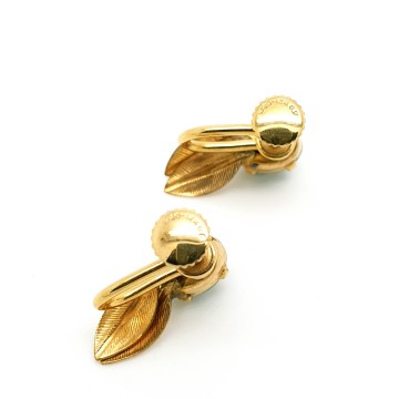 Goldfilled screw back earrings with green cabochon signed