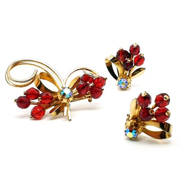Goldtone brooch and earring set with red facetted beads