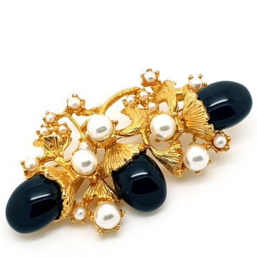Goldtone brooch with faux pearls and black cabochons - Bliinkt