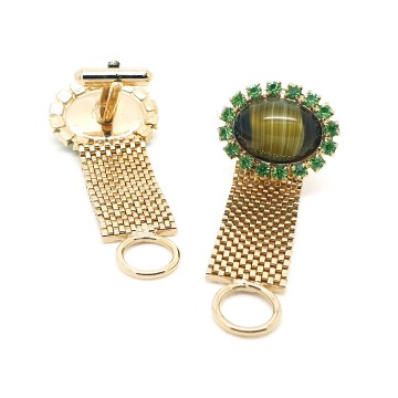 Goldtone cufflinks with tigereye cabouchon surrounded by grass green rhinestones - Bliinkt