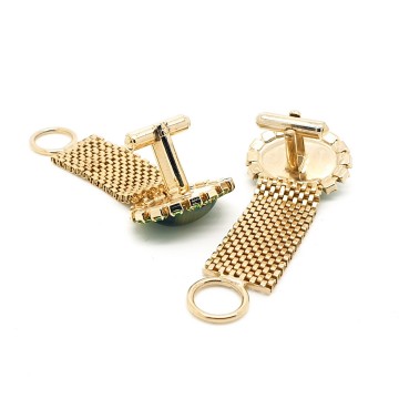 Goldtone cufflinks with tigereye cabouchon surrounded by grass green rhinestones - Bliinkt