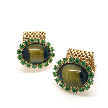 Goldtone cufflinks with tigereye cabouchon surrounded by grass green rhinestones - Bliinkt