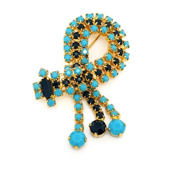 Goldtone dangle brooch with black and turquoise rhinestones