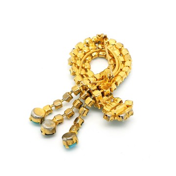 Goldtone dangle brooch with black and turquoise rhinestones