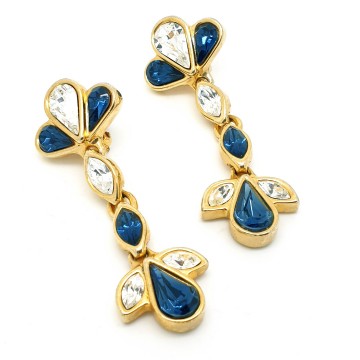 Goldtone dangle earrings with blue and clear rhinestones - Bliinkt