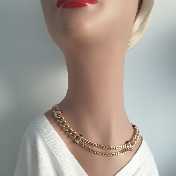 Goldtone double chain necklace with black cabochons and T-closure - Bliinkt