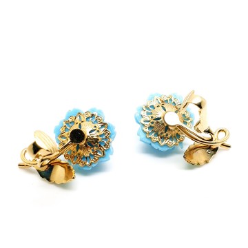 Goldtone earrings with babyblue plastic rose and green enamelled leaf
