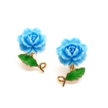 Goldtone earrings with babyblue plastic rose and green enamelled leaf