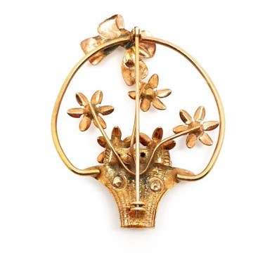 Goldtone flower basquet brooch with royal blue and clear rhinestones 40s - Bliinkt