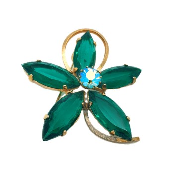 Goldtone flower brooch with unfoiled emerald green navette shaped glass stones and ab rhinestone 40s - Bliinkt