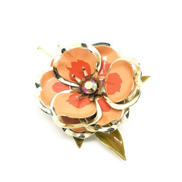 Goldtone flower brooch with salmon enamelled leaves and ab rhinestone - Bliinkt