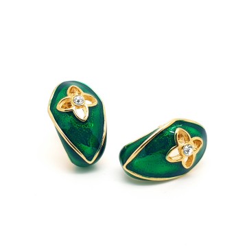 Goldtone green enamelled  earrings with rhinestone - Bliinkt