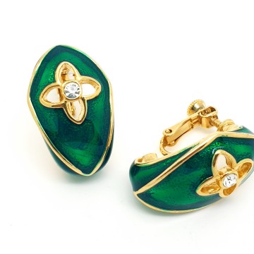 Goldtone green enamelled  earrings with rhinestone - Bliinkt