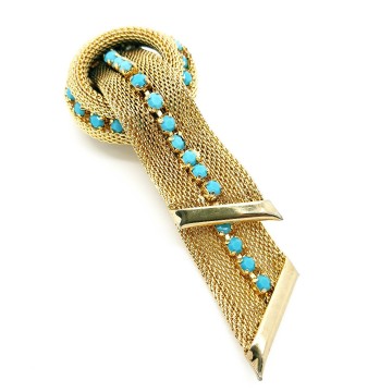 Goldtone mesh ribbon brooch with turquoise stones 50s