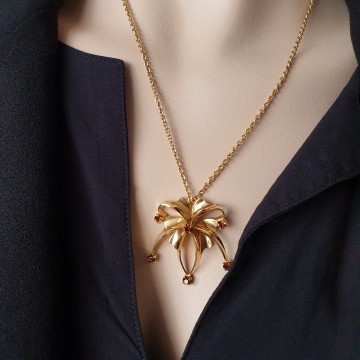 Goldtone necklace with spider pendant and amber rhinestones