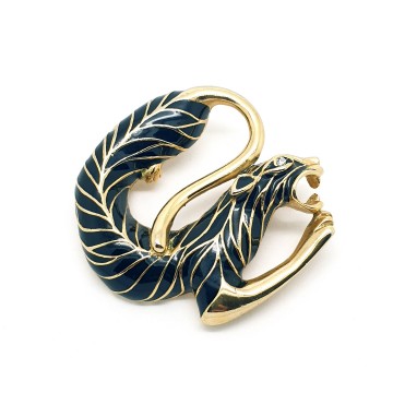 Goldtone panther brooch with black enamel and clear rhinestone eye - Bliinkt