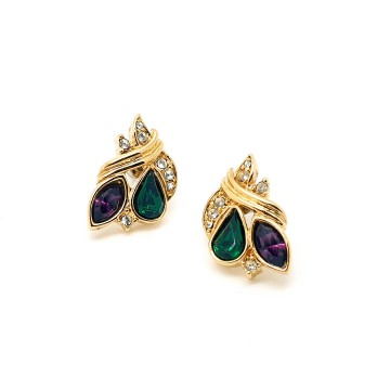 Goldtone post earrings with amethist, emerald and clear rhinestones - Bliinkt