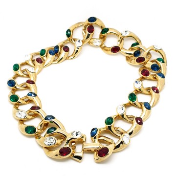 Goldtone link necklace with green, blue, red and clear glass rhinestones - Bliinkt