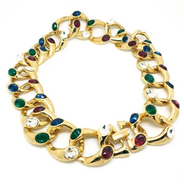 Goldtone link necklace with green, blue, red and clear glass rhinestones - Bliinkt