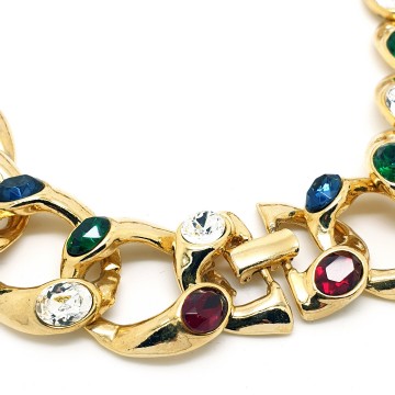 Goldtone link necklace with green, blue, red and clear glass rhinestones - Bliinkt