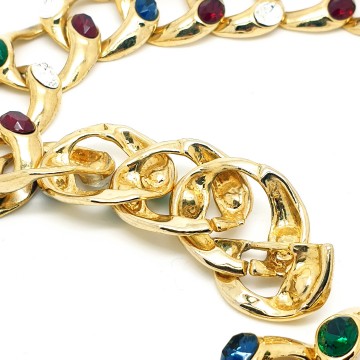 Goldtone link necklace with green, blue, red and clear glass rhinestones - Bliinkt