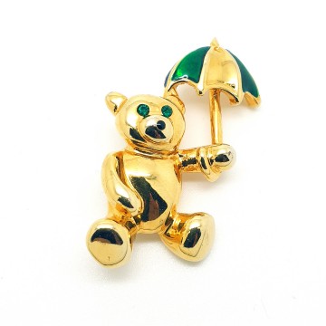 Goldtone teddybear brooch with green rhinestone eyes and umbrella - Bliinkt