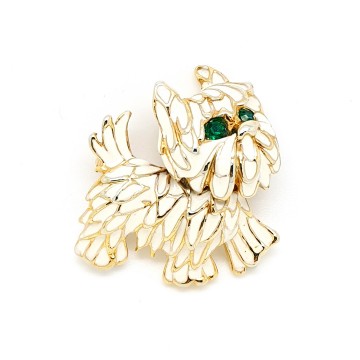 Goudkleurige 'Scottie' broche met wit emaille en groene strassoogjes