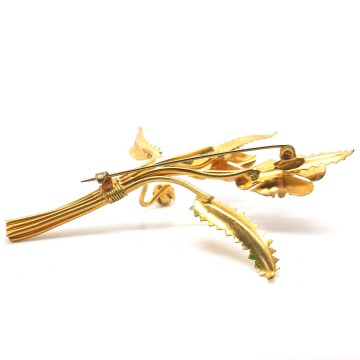 Large goldtone flower brooch pink flowers, blue rhinestone hearts, green leaves 30s/40s - Bliinkt