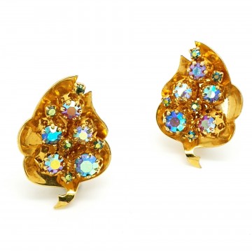 Goudkleurige blaadjesoorbellen met aurora borealis strass