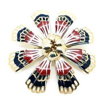 Goudkleurige bloembroche met zwart rood en wit email