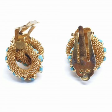 Goudkleurige clipoorbellen met turquoise steentjes fifties achterkant