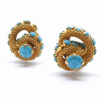 Goudkleurige clipoorbellen met turquoise steentjes fifties