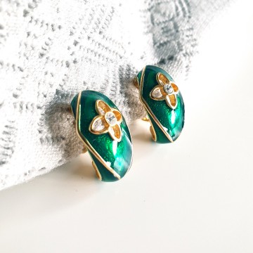 Goldtone green enamelled  earrings with rhinestone - Bliinkt
