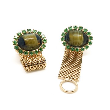 Goldtone cufflinks with tigereye cabouchon surrounded by grass green rhinestones - Bliinkt
