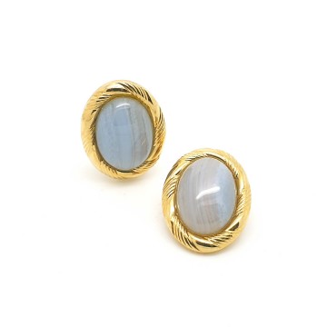 Goudkleurige ovale oorbellen met transparante wit gemarmerde cabochons - Bliinkt