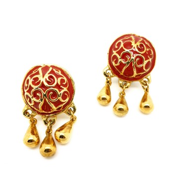 Goudkleurige rood geemailleerde bungeloorbellen 80's