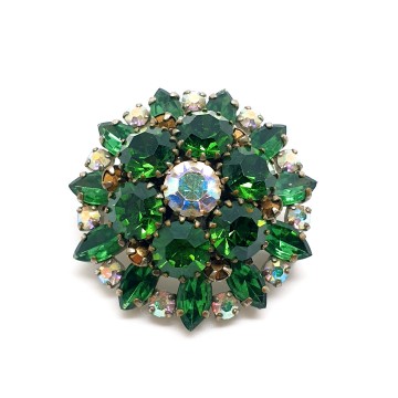 Green navette rhinestone brooch with aurora borealis