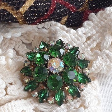 Green navette rhinestone brooch with aurora borealis