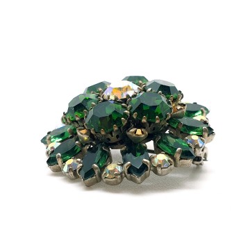 Green navette rhinestone brooch with aurora borealis