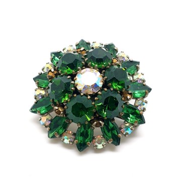 Green navette rhinestone brooch with aurora borealis