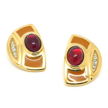 Goldtone earrings with mocca coloured enamel, clear rhinestones and red cabochon - Bliinkt