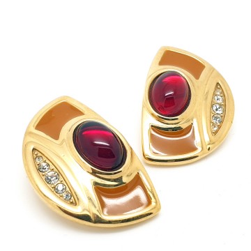 Goldtone earrings with mocca coloured enamel, clear rhinestones and red cabochon - Bliinkt