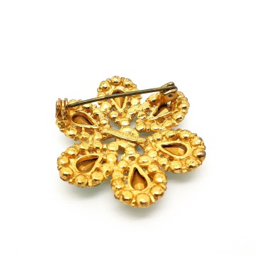 Hollywood - flower brooch clear and green teardrop shaped rhinestones