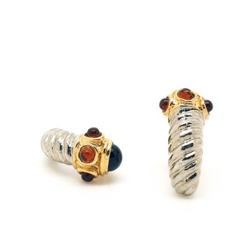 Ibero - silvertone ribbed earrings with black and brown cabochons - Bliinkt