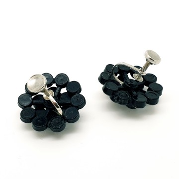 Round black plastic screw back earrings with clear rhinestones