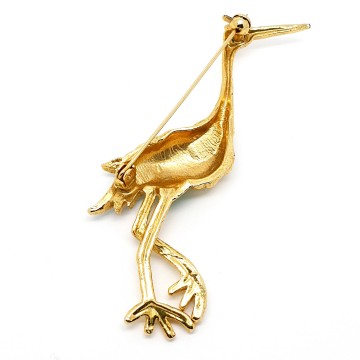 Cranebird brooch goldtone with red and green enamel feathers