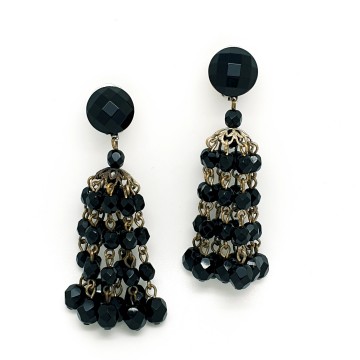 Long tassel earrings with black faceted glass beads