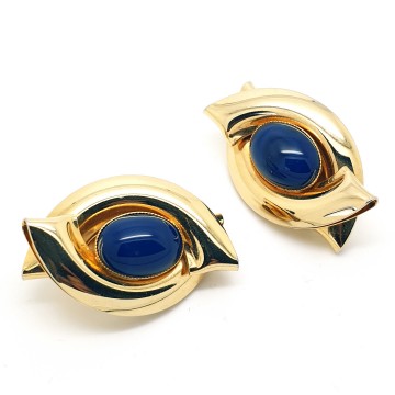 Large goldtone 80s earrings with lapis blue cabochon - Bliinkt