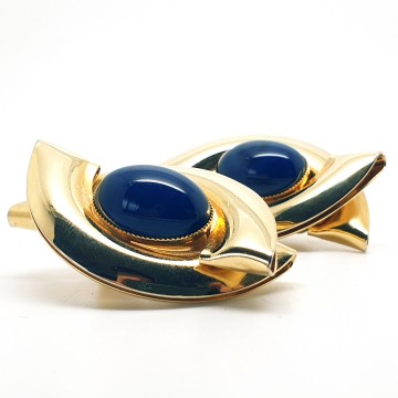 Large goldtone 80s earrings with lapis blue cabochon - Bliinkt