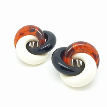 Lucite, black, white and marbled brown coloured clip earrings